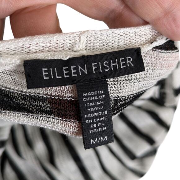 Eileen Fisher Organic Linen Crepe Striped V Neck Tee Top Medium Black White - Picture 7 of 10